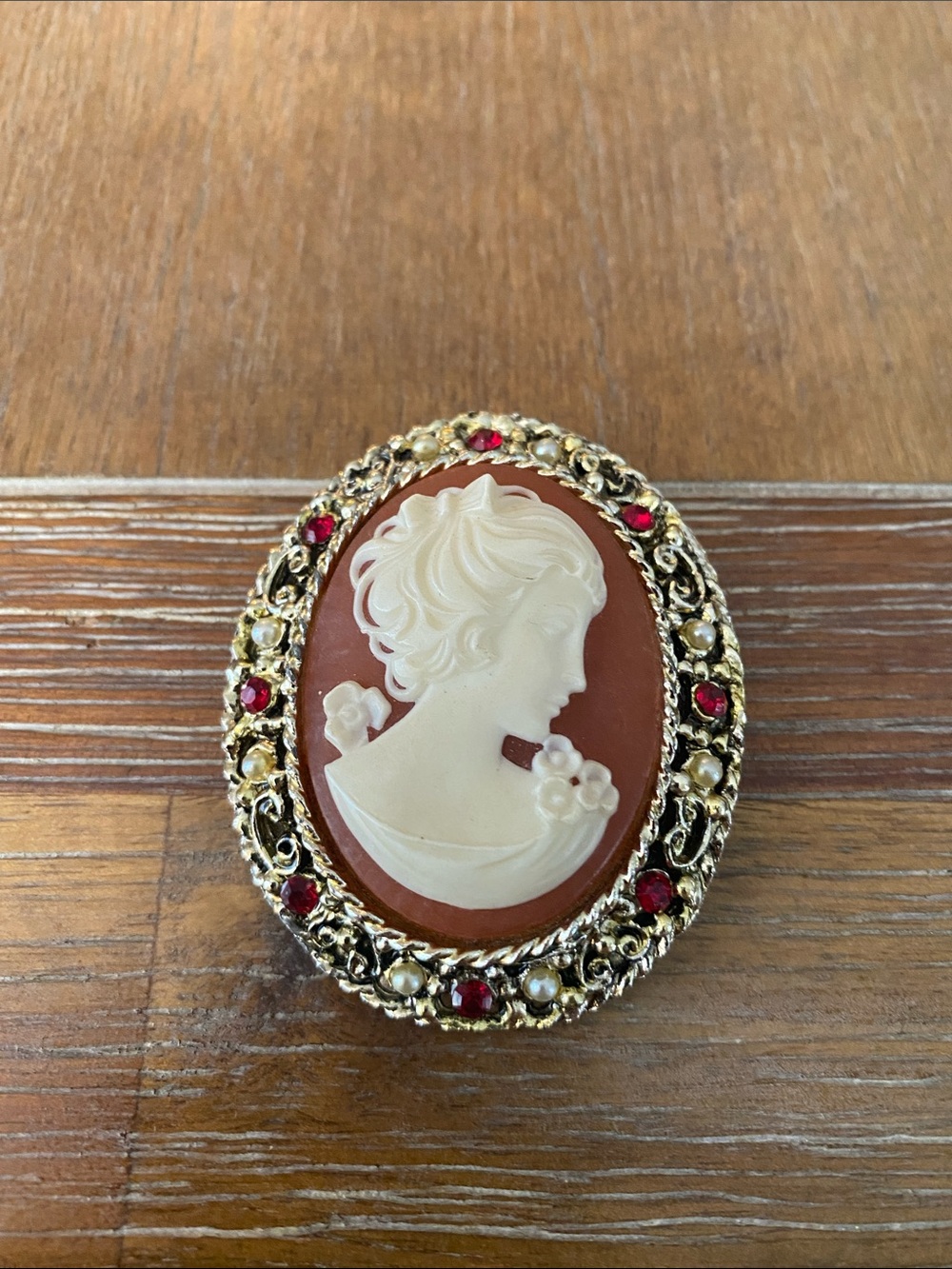 Vintage-Style White Cameo Brooch with Red Background and Gold Frame